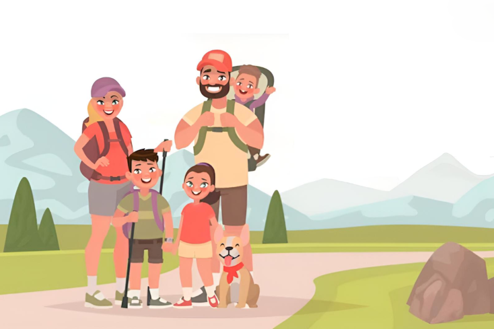 Illustration einer Familie beim Wandern in landschaftlicher Umgebung